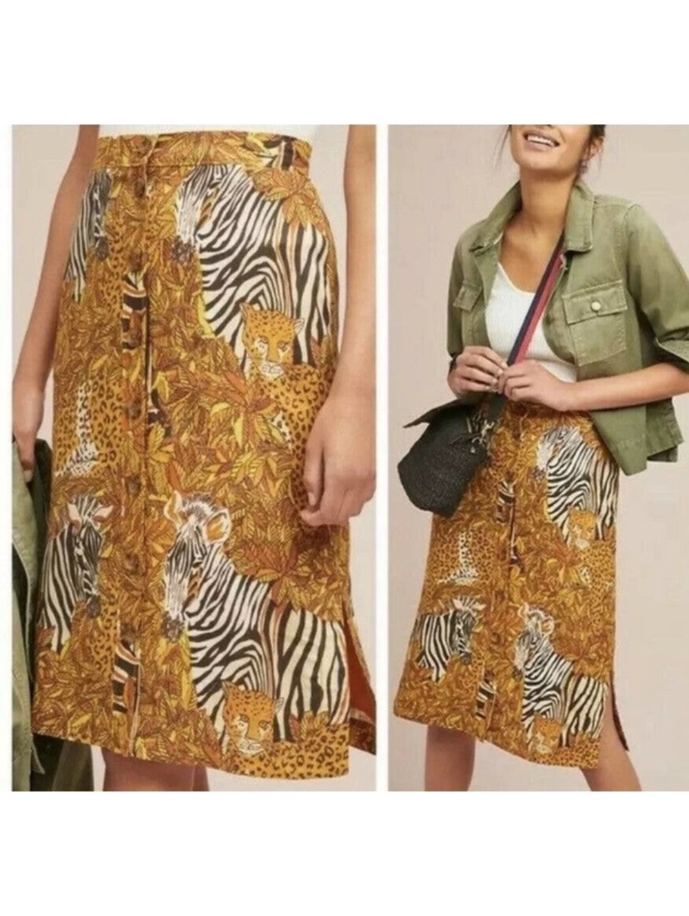 NWT Anthropologie Maeve Zebra Print Safari Button Front Midi Skirt Side Slits 10 - Picture 2 of 7